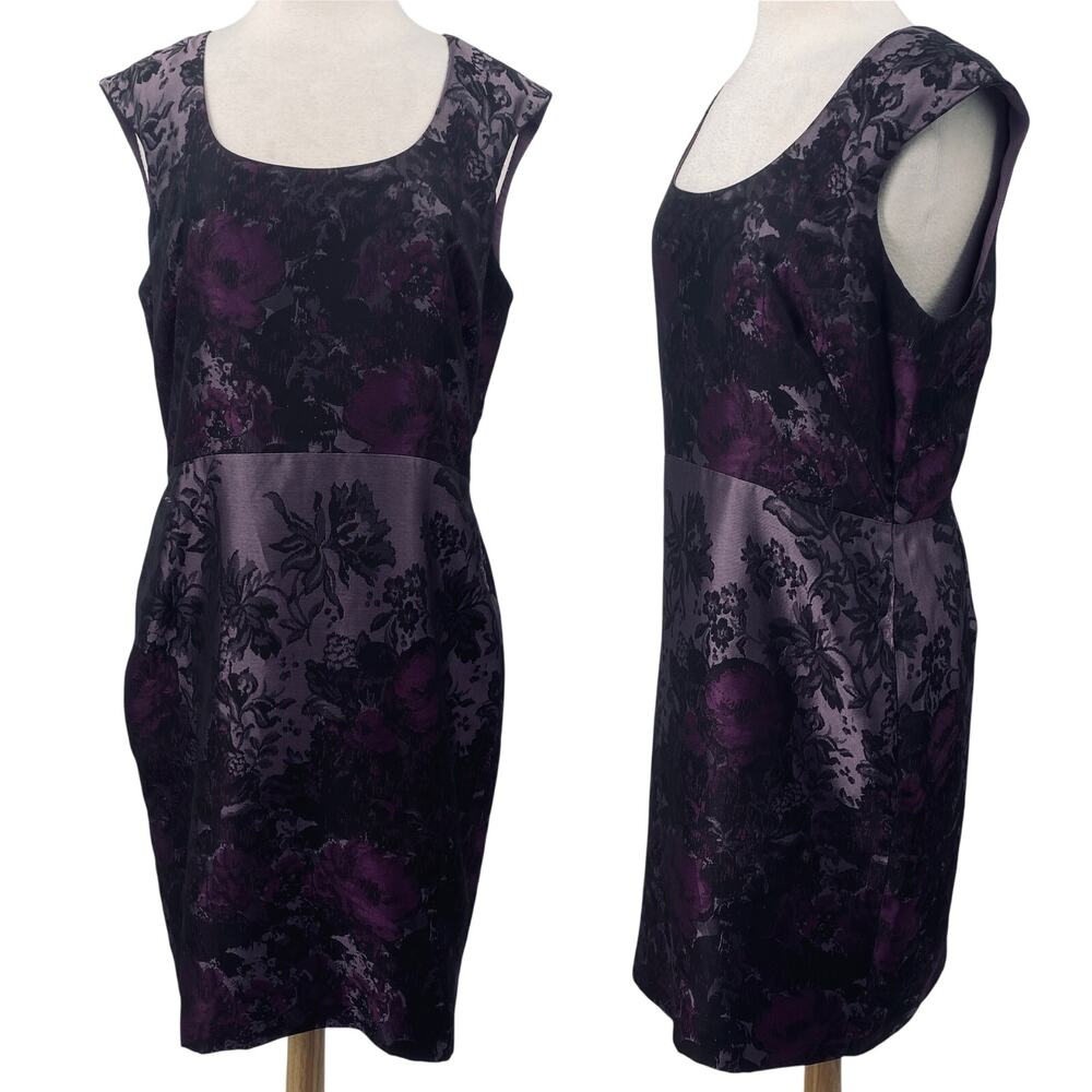 Ann Taylor Brocade Satin Floral Sheath Dress Scoop Neck Purple Black Womens 14